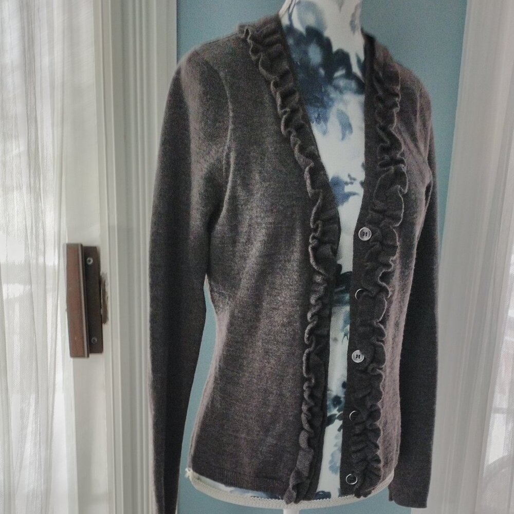 Grey Italian Merino Wool Cardigan with Ruffles - Picture 2 of 13